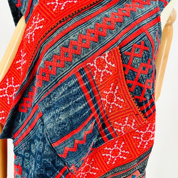 Vintage Hmong Indigo Blue Neon Red Embroidered Cotton Tribal Vest - Picture 5 of 9